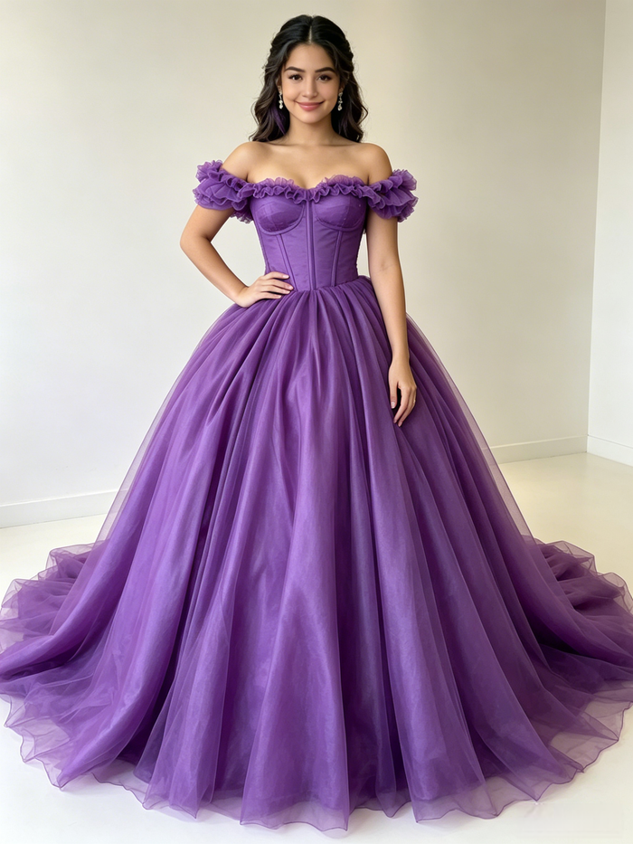 Purple Tulle Off the Shoulder Quinceanera Dress