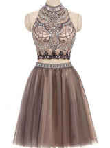 Two Piece Halter Beading Crystal Homecoming Dress