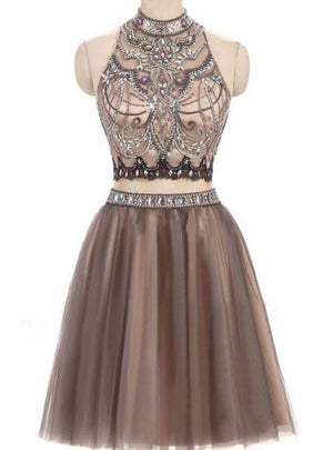 Two Piece Halter Beading Crystal Homecoming Dress