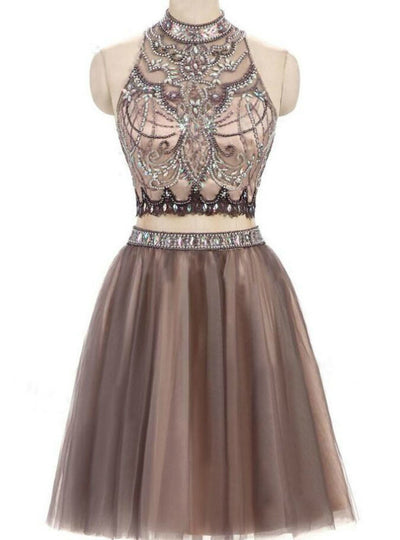 Two Piece Halter Beading Crystal Homecoming Dress