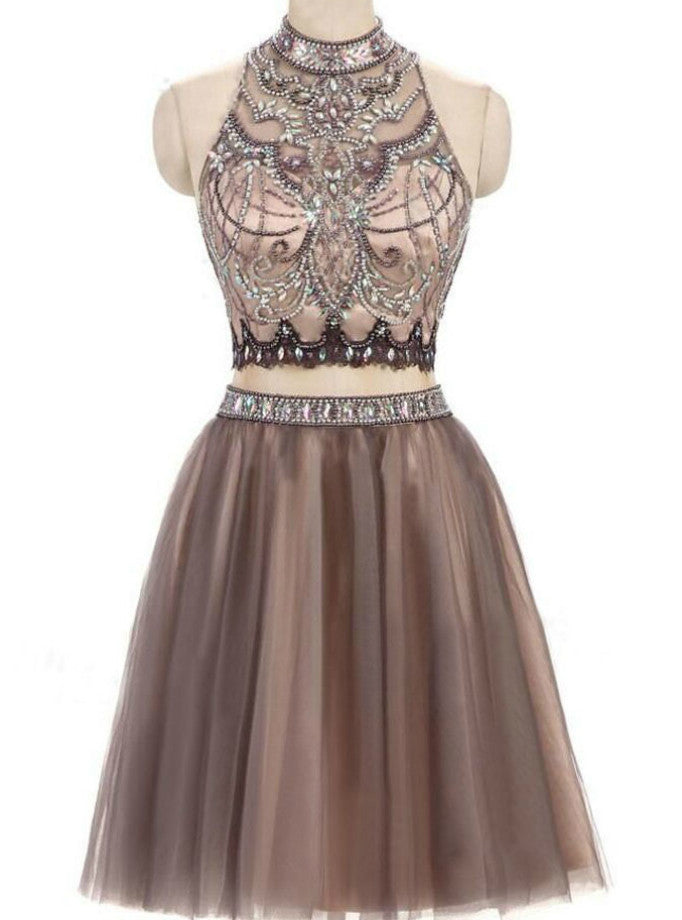 Two Piece Halter Beading Crystal Homecoming Dress
