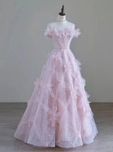 Pink Tulle Sequins 3D Flower Prom Dress