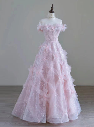 Pink Tulle Sequins 3D Flower Prom Dress