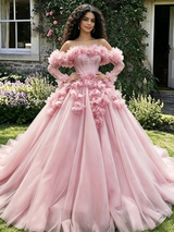 Pink Tulle Long Sleeve Flower Quinceanera Dress
