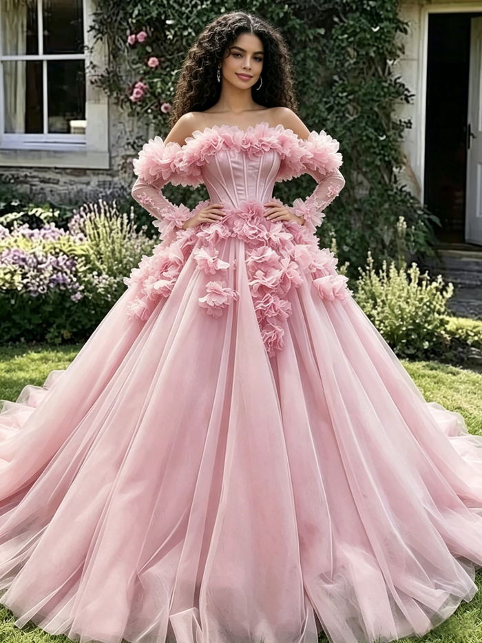 Pink Tulle Long Sleeve Flower Quinceanera Dress