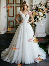 White Tulle V-neck Flower Wedding Dress