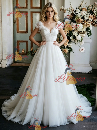 White Tulle V-neck Flower Wedding Dress
