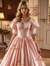 Pink Satin Lace Puff Sleeve Beading Wedding Dress