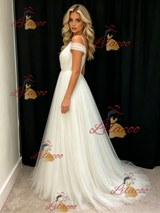 White Tulle Straps Pleats Wedding Dress