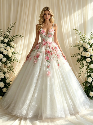 White Tulle Lace Straps 3D Appliques Wedding Dress