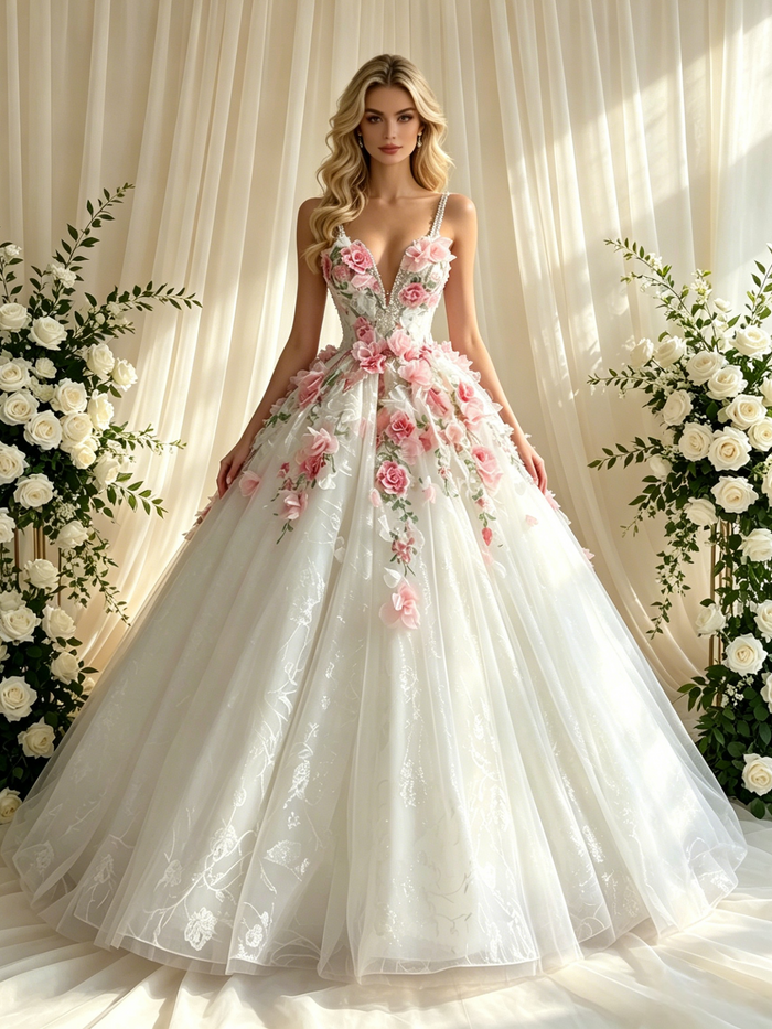 White Tulle Lace Straps 3D Appliques Wedding Dress