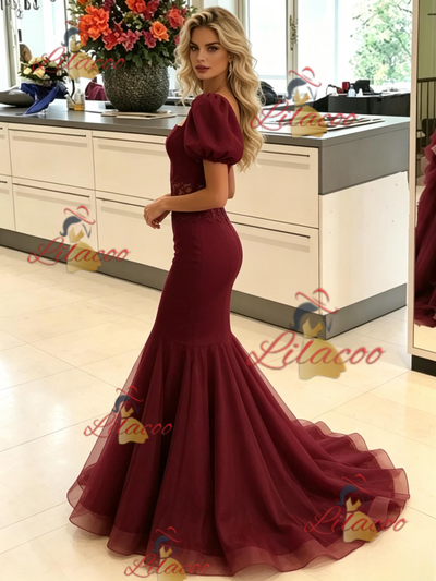 Burgundy Mermaid Tulle Puff Sleeve Prom Dress
