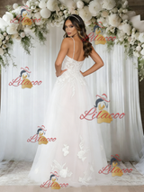 White Tulle Appliques Spahetti Straps Wedding Dress