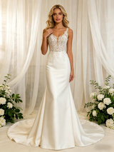 White Satin Lace Straps Wedding Dress