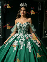 Green Satin Off the Shoulder Appliques Quinceanera Dress
