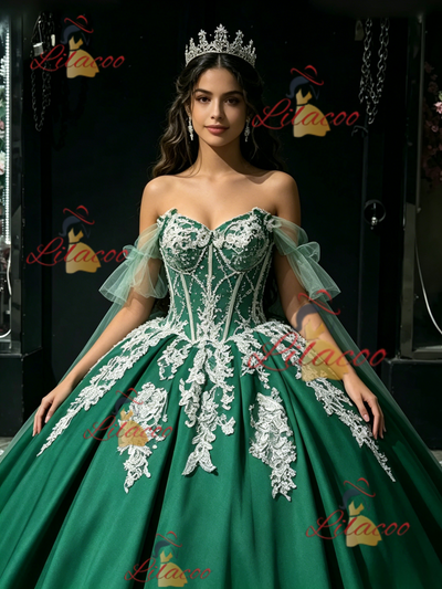 Green Satin Off the Shoulder Appliques Quinceanera Dress
