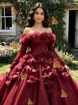 Burgundy Tulle Long Sleeve 3D Flower Quinceanera Dress