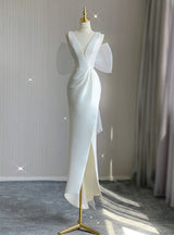 White Satin V-neck Backless Split Wedding Dress