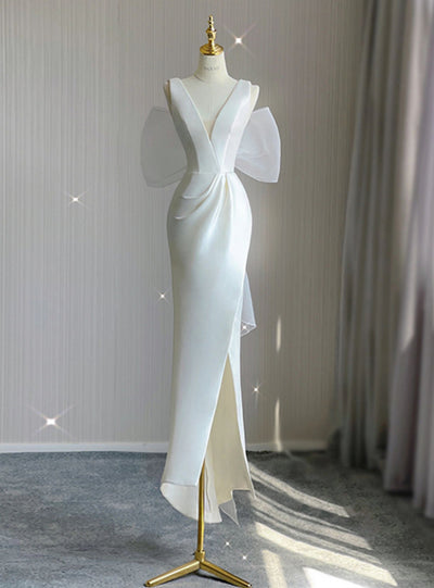 White Satin V-neck Backless Split Wedding Dress