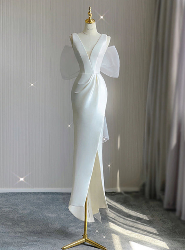White Satin V-neck Backless Split Wedding Dress