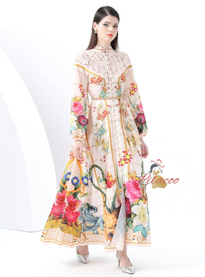 Retro Breasted Lace Stitching Printed Dress