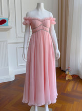 Pink Chiffon Off the Shoulder Pleats Prom Dress