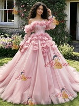 Pink Tulle Long Sleeve Flower Quinceanera Dress