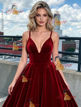 Burgundy Velvet Spaghetti Straps Prom Dress