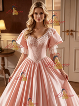 Pink Satin Lace Puff Sleeve Beading Wedding Dress
