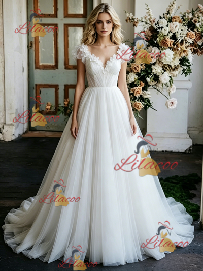 White Tulle V-neck Flower Wedding Dress