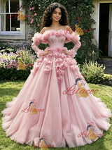 Pink Tulle Long Sleeve Flower Quinceanera Dress