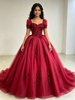 Tulle Puff Sleeve Sequins Appliques Quinceanera Dress