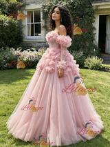 Pink Tulle Long Sleeve Flower Quinceanera Dress