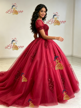 Tulle Puff Sleeve Sequins Appliques Quinceanera Dress