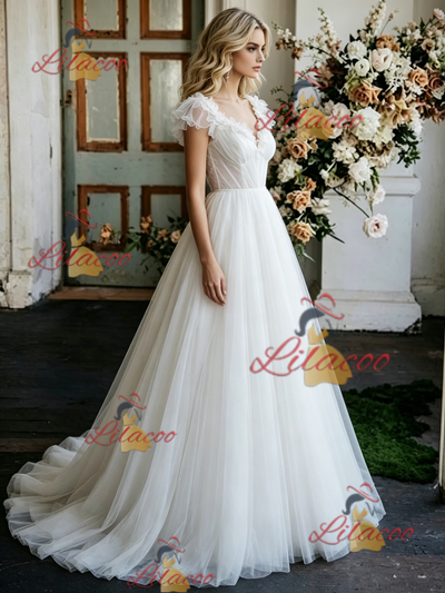 White Tulle V-neck Flower Wedding Dress