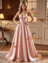 Pink Satin Spaghetti Straps Pleats Wedding Dress