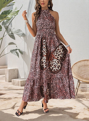 Elegant Sleeveless Butterfly Leopard Print Dress