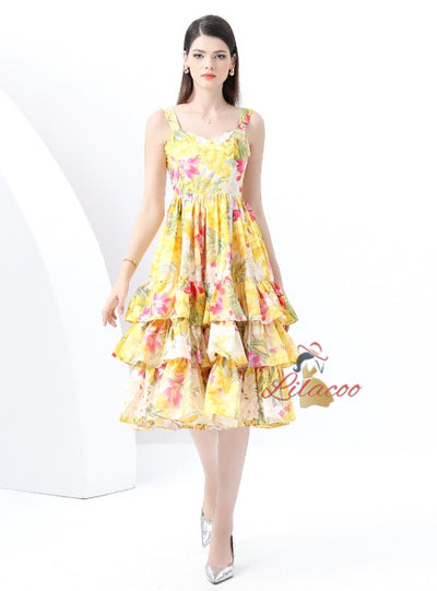 Printed Flounce Suspender Tiers Dress