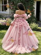 Pink Tulle Long Sleeve Flower Quinceanera Dress