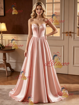 Pink Satin Spaghetti Straps Pleats Wedding Dress
