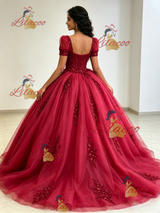 Tulle Puff Sleeve Sequins Appliques Quinceanera Dress