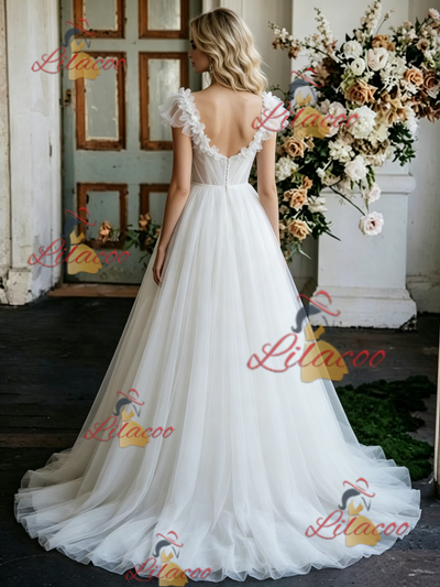 White Tulle V-neck Flower Wedding Dress