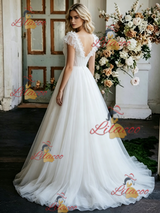 White Tulle V-neck Flower Wedding Dress