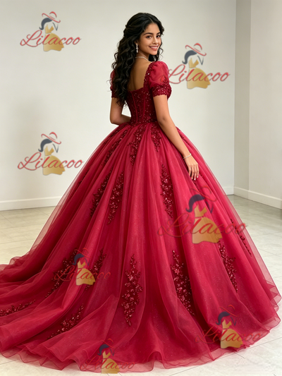 Tulle Puff Sleeve Sequins Appliques Quinceanera Dress