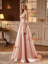 Pink Satin Spaghetti Straps Pleats Wedding Dress