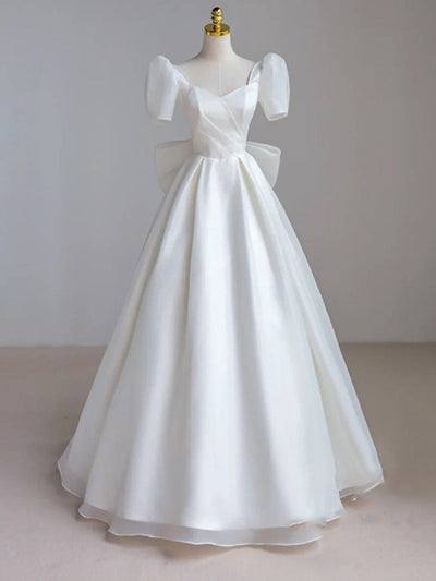 White Organza Puff Sleeve Bow Wedding Dress