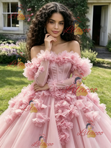 Pink Tulle Long Sleeve Flower Quinceanera Dress