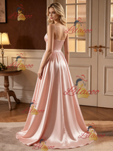 Pink Satin Spaghetti Straps Pleats Wedding Dress