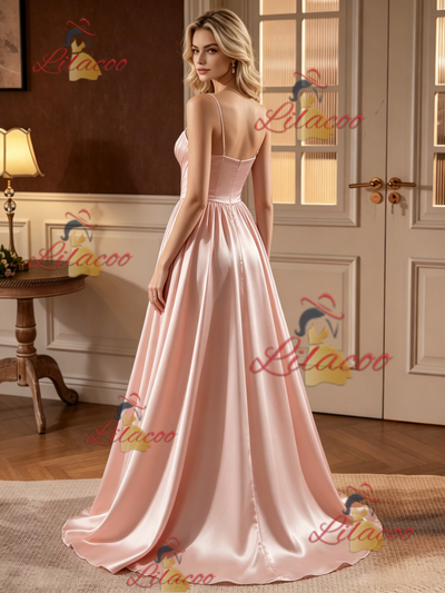 Pink Satin Spaghetti Straps Pleats Wedding Dress