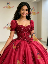 Tulle Puff Sleeve Sequins Appliques Quinceanera Dress